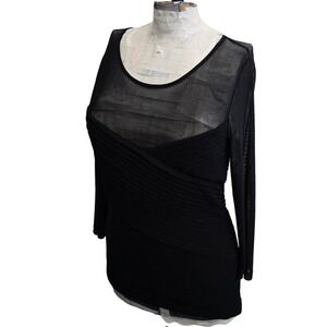 Boston Proper Black Long Sleeve Mesh Top Pleated Blouse Sm Little Black Top Chic